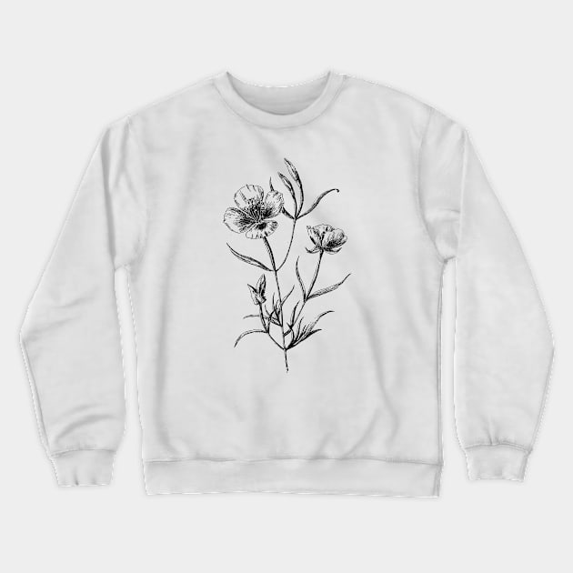 California Poppy Flower Black and White Vintage Botanical Illustration, Crewneck Sweatshirt by Biophilia